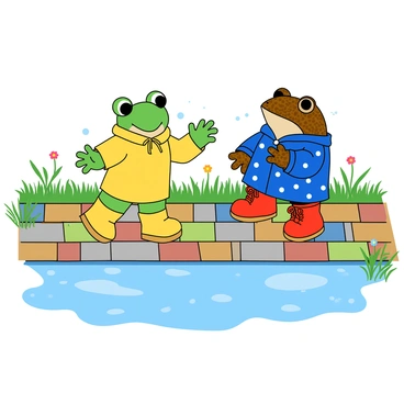 A small green frog with big, round eyes wearing a bright yellow raincoat and matching yellow rubber boots stands next to a brown toad with textured skin. The toad is dressed in a blue raincoat decorated with small white polka dots and has red boots. Both the frog and the toad are joyfully splashing in large puddles formed on a colorful cobblestone path. The droplets of water are catching the light, creating a playful scene. Surrounding them are green grass and small wildflowers peeking through the ground, adding to the vibrant atmosphere.