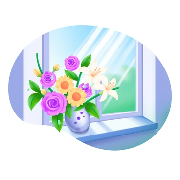 A modern pastel illustration depicting a vibrant floral arrangement placed on a sunny windowsill. The arrangement features a variety of flowers, including pink roses, yellow daisies, and delicate white lilies. The flowers are interspersed with lush green leaves. Sunlight streams through the window, casting gentle shadows on the surface. The windowsill is adorned with a small decorative vase that holds the flowers, and a few drops of water can be seen on the leaves, suggesting recent watering. A soft blue sky is visible through the window, enhancing the cheerful atmosphere.