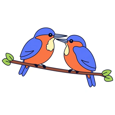 Two kingfishers with vibrant blue and orange feathers are perched closely together on a slender branch. Their heads are tilted slightly towards each other, showcasing their long, pointed beaks. The birds' eyes convey a sense of connection, with one of the kingfishers gently touching the other's cheek with its beak. The branch is adorned with a few green leaves, creating a natural setting that emphasizes the delicate moment of affection between the two birds.