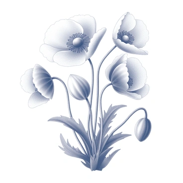 A cluster of poppy flowers with delicate petals and intricate details. The flowers are varying in size and shape, some fully bloomed while others are in the budding stage. The stems are slender and green, with a few leaves peeking out from the base. The arrangement creates a natural flow, with some flowers leaning slightly to one side. The background features a textured surface that adds depth to the composition. The overall scene conveys a sense of tranquility and beauty in nature.