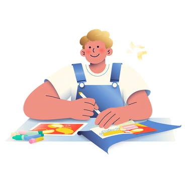 A designer with light brown hair is sitting at a table, sketching a new potato chip bag. The designer is wearing a white t-shirt and denim overalls, holding a pencil in hand. On the table, a stack of colorful markers lies beside various sketches of potato chip bags. The sketch in front features a bold design with bright red, yellow, and blue colors, along with large, playful graphics of potato chips. The designer's focused expression conveys creativity and enthusiasm as they work on the vibrant packaging. A light source from above illuminates the scene, enhancing the colors and details of the sketches.