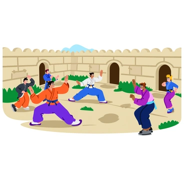 A group of warriors in traditional clothing practicing martial arts in an open courtyard. The warriors display dynamic poses and focused expressions, highlighting their strength and agility. Surrounding the courtyard are ancient stone walls, showcasing weathered surfaces and intricate carvings. The ground is covered with smooth stone tiles, and there are patches of green grass peeking through the stones. The scene captures the intensity and dedication of the warriors as they train in the historical setting.