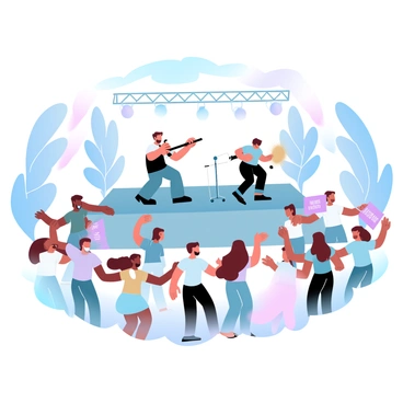 A stage is set up outdoors with musicians playing a variety of instruments, creating an energetic atmosphere. The musicians are positioned on stage, passionately engaging with their instruments. A diverse crowd is gathered in front of the stage, with people standing and dancing, showcasing their enjoyment of the performance. Some individuals are holding colorful signs that display messages of support for the cause. The scene is filled with vibrant colors and a sense of community, as everyone comes together for the charity event.