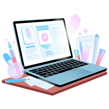 A laptop is positioned on a wooden desk, displaying a step-by-step illustration tutorial video on its screen. The video features colorful diagrams and instructions, showcasing the process of creating an illustration. Surrounding the laptop are various art supplies, including markers, sketchbooks, and brushes neatly arranged. A soft glow emanates from the laptop screen, highlighting the details of the tutorial. The atmosphere is inviting, with a cozy ambiance created by warm lighting in the background.