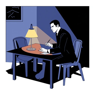 A dimly lit room features a single lamp casting a warm glow over a wooden table. At the table, a serious-looking agent sits, wearing a dark suit and holding a notepad. The agent has a focused expression, with their pen poised above the notepad, ready to take notes. The walls are adorned with shadowy outlines, hinting at a sparse decor. A metal chair is positioned across from the agent, indicating a space for a visitor. The atmosphere conveys tension and anticipation.