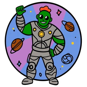 A half-human, half-alien character resembling Arnold Schwarzenegger stands confidently in a galactic setting. He has strong features, with a muscular build and an alien-like skin tone that is a mix of green and silver. His eyes are large and expressive, hinting at both human emotion and alien wisdom. He wears an intricate suit made of shimmering materials that blend technology and organic designs, adorned with glowing circuits and symbols. In the background, there are floating asteroids and vibrant nebulae, enhancing the otherworldly atmosphere. The character is posed triumphantly, with one fist raised, embodying strength and bravery in this expansive universe.