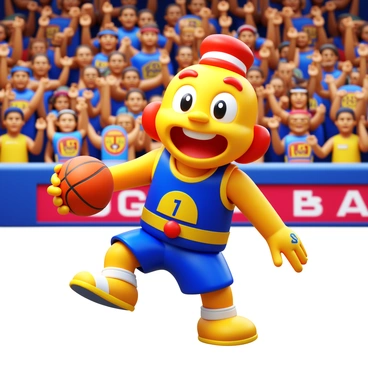 A vibrant basketball team mascot with a dynamic pose, wearing a colorful costume featuring the team's colors and logo. The mascot has a large, friendly character face with expressive eyes and an excited smile. The background shows a cheering crowd, with fans waving banners and wearing team merchandise. The mascot is mid-action, performing a dance move while holding a basketball in one hand, capturing the energy of the game.