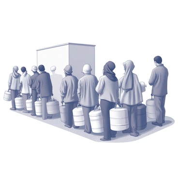 A line of people with containers waiting at a water distribution point