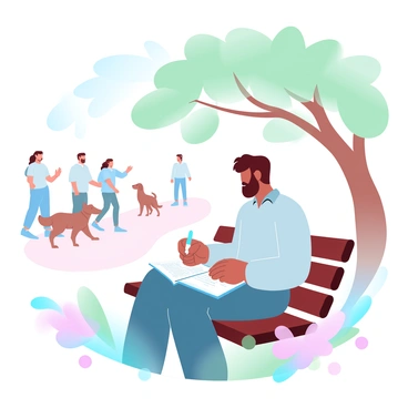 A man with wavy dark hair is sitting on a wooden park bench. He is wearing a casual shirt and has a notebook open on his lap. He is writing with a pen, focused on his notes. Around him, several people are walking by, some with dogs and others chatting. Trees with green leaves are in the background, providing shade. The scene conveys a calm atmosphere with a gentle breeze rustling through the leaves. A few colorful flowers are visible in the foreground, enhancing the natural setting.
