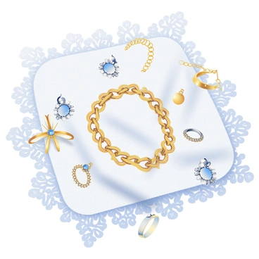 A collection of tiny, delicate jewelry pieces scattered on a lace cloth