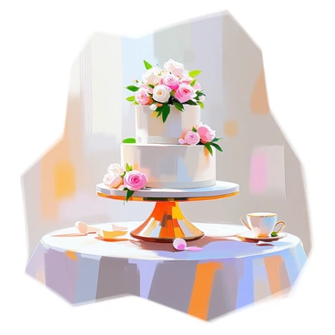 An elaborate multi-tiered wedding gateau stands majestically on a decorated table. The cake features three distinct layers, each elegantly designed with smooth, white icing. Delicate sugar flowers, including roses, peonies, and lilies, are meticulously placed around each tier, adding pops of color with soft pinks, whites, and greens. The top tier is crowned with a larger sugar flower bouquet, showcasing an array of blossoms. Around the base of the cake, a satin ribbon in a pale hue provides a finishing touch, complementing the overall decoration. The setting includes soft lighting that gently highlights the cake's intricate details.