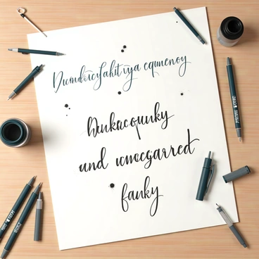 A 1/16 illustration board, displayed flat on a wooden table, showcasing several elegant hand lettering samples. The board features intricate calligraphy in various styles, each letter beautifully formed with black ink from fountain pens. There are also some ink splatters and a few practice strokes in pencil, hinting at the artist's process. Nearby, a collection of ink pens in different sizes, some uncapped and ready to use, are scattered around, along with a small bottle of black ink. The lighting highlights the texture of the board and brings attention to the fine details of the lettering.