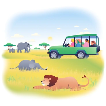 A green safari jeep is driving through expansive grasslands under a clear blue sky. The jeep is filled with people eagerly observing the wildlife. In the foreground, a lion lies lazily in the tall golden grass, its mane blowing gently in the breeze. To the left, a family of elephants is seen walking peacefully, with one juvenile elephant playfully flapping its ears. In the distance, acacia trees dot the horizon, completing the vivid landscape. The sun casts soft shadows across the grassy terrain, enhancing the natural beauty of the scene.