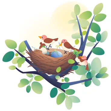 Birds building a nest using small twigs as levers to arrange it perfectly