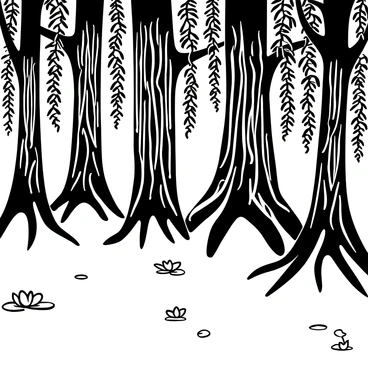 A dense forest of cypress trees with thick trunks and knotted roots growing directly out of the swamp water. The surface of the water is still, reflecting the silhouettes of the trees above. Spanish moss drapes from the branches, creating intricate patterns. Small ripples disturb the water around the bases of the trees, hinting at movement beneath the surface. A few water lilies float nearby, adding texture to the scene.