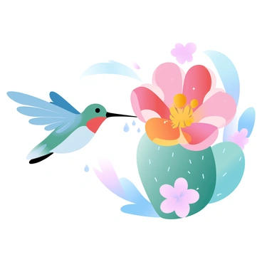 A hummingbird with iridescent feathers is hovering in front of a vibrant cactus flower. The flower is large and has multiple colorful petals in shades of pink, orange, and yellow. The hummingbird's long beak is extended towards the center of the flower, where droplets of nectar are glistening. Surrounding the cactus flower are green spines and other small blooms, adding to the vivid scene. The background features a soft gradient of pastel colors, enhancing the overall composition.