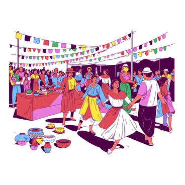 An illustration of a cultural festival featuring traditional figures alongside vibrant artistic interpretations