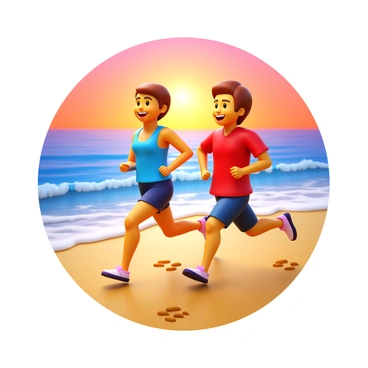 Two friends running side by side on a sandy beach. The ocean waves gently lap at the shore, glistening in the light of the rising sun. The sky is painted in shades of orange, pink, and purple, creating a vibrant backdrop. The friends are dressed in athletic wear, with one wearing a blue tank top and the other in a red t-shirt. Their expressions show joy and determination as they run, with footprints trailing behind them in the wet sand.