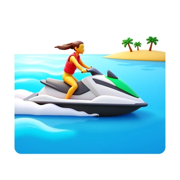 A person wearing a life jacket is riding a jet ski across turquoise waters. The jet ski is sleek and modern, gliding smoothly over the water's surface. The person is actively leaning forward, with the wind blowing through their hair. Sunlight reflects off the waves, creating a shimmering effect on the water. In the background, there are a few distant palm trees lining a sandy beach.