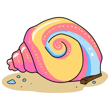 A large seashell with a spiral shape, showcasing a variety of vivid colors like bright pinks, deep blues, and sunny yellows. The shell has intricate patterns that resemble swirling lines and dots throughout its surface. It rests on a smooth sandy beach, surrounded by small pebbles and a few scattered pieces of driftwood. The sunlight reflects off the shell, highlighting its glossy texture and enhancing the vibrancy of its colors.
