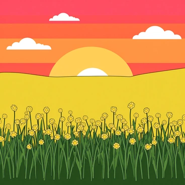A wide field of mustard plants sways gently in the breeze, their bright yellow flowers in full bloom. Above the field, a vibrant sunset paints the sky with a spectrum of warm colors, including deep oranges and soft pinks. The setting sun is low on the horizon, emitting a golden glow that reflects off the flowers and creates a warm ambiance across the landscape. The scene captures the tranquil beauty of nature, with a few fluffy white clouds scattered in the sky, catching the light from the sunset.