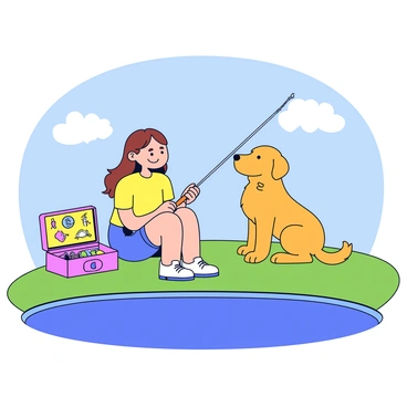 A girl with long brown hair is sitting on a grassy bank beside a pond. She is wearing a yellow shirt and denim shorts. Next to her is a golden retriever dog, looking up at her with a friendly expression. The girl is holding a fishing rod, which is resting on her lap, while a colorful tackle box is open beside her, displaying various fishing lures. The calm water of the pond reflects the blue sky and a few fluffy clouds above.