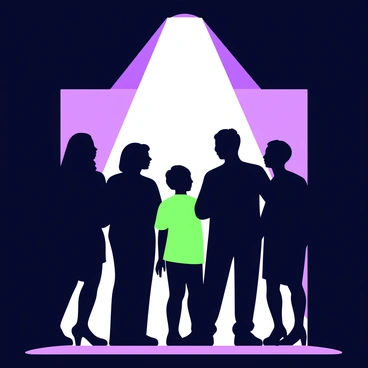 Silhouettes of people in a dark room, illuminated by a single overhead light