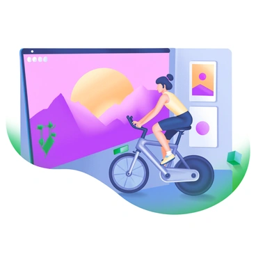 A person riding a Peloton bike in an indoor environment. The individual is focused and pedaling vigorously. In front of them is a large virtual screen displaying a "beautiful sunset landscape" featuring vibrant oranges, pinks, and purples in the sky, casting a warm glow over a tranquil horizon with silhouettes of distant mountains. The bike is sleek and modern, and the surroundings exhibit a fitness studio ambiance with motivational posters on the walls.