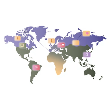 A digital flat illustration featuring a world map outlined in light blue. Various countries are highlighted in different colors, including green, yellow, and red. Payment icons, such as credit cards, currency symbols, and mobile payment logos, are placed over specific countries. Thin lines in a darker blue connect the payment icons, illustrating trade routes between the countries. The icons are detailed with a slight shadow to create depth. The overall composition emphasizes a global network of payments and commerce.