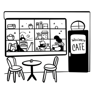 A cozy café interior with wooden tables and chairs arranged around a central area. A large window frames the view of a busy street outside, where pedestrians and cyclists move along the sidewalk. Inside, there are shelves filled with books and a counter displaying various pastries. A barista is seen preparing coffee behind the counter, with steam rising from a coffee machine. Potted plants are placed on windowsills, adding to the inviting atmosphere. The words "Welcome to Our Café" are written on a chalkboard near the entrance.