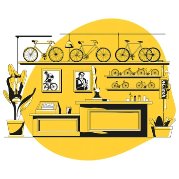 An interior of a historic bike shop featuring wooden shelves lined with various bicycles. The walls are adorned with black-and-white photographs of famous cyclists in action, framed elegantly. There are vintage cycling jerseys displayed on mannequins, and a wooden counter with a cash register is positioned at the front. A brass bell hangs from the ceiling, and a bicycle repair station with tools is set up in one corner. Soft light illuminates the space, creating a warm and inviting atmosphere.