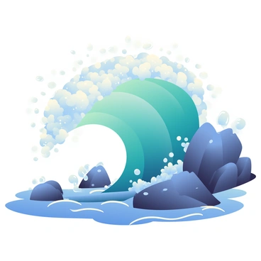 A large, majestic ocean wave is crashing forcefully against rugged rocks. The wave is depicted in vibrant shades of blue and white, with frothy water droplets being thrown into the air. These droplets catch sunlight, creating sparkling reflections that shimmer against the backdrop. The rocks are dark and jagged, contrasting with the bright, clear water of the wave. The scene conveys the powerful motion of the ocean, with splashes of water elegantly arcing outwards from the impact point.