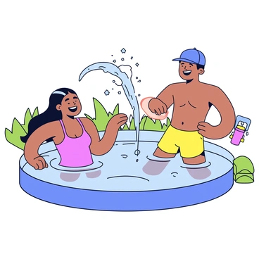 A couple is engaged in a playful water fight in a backyard pool. The woman has long, flowing hair and is laughing as she splashes water towards the man. The man is wearing bright swim trunks and is playfully dodging the water while grinning. The pool is surrounded by green grass and a few colorful beach toys scattered around. Sunlight reflects on the water, creating sparkling ripples. 