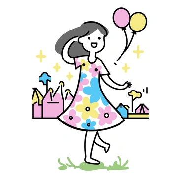 A girl with long brown hair is twirling joyfully in a colorful floral summer dress adorned with bright flowers. She stands on a vibrant carnival ground, surrounded by colorful tents and bright carnival rides. The sun is shining down, casting a warm glow on her as she spins. A few colorful balloons are floating nearby, adding to the lively atmosphere of the scene. Her bare feet touch the soft grass beneath her while her arms are raised, embracing the moment.