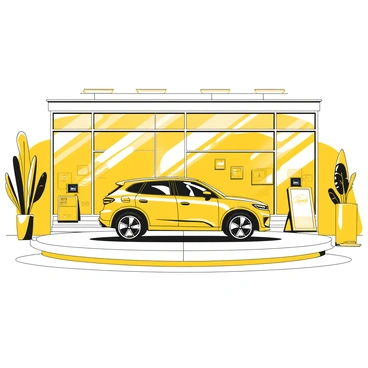 A spacious modern showroom featuring polished white floors and sleek glass walls. Centered in the showroom is a shiny crossover SUV, showcasing a striking design. The SUV is illuminated by bright overhead lights, highlighting its curves and glossy paint. Surrounding the vehicle are minimalist display stands with small information screens. Various high-end automotive accessories are neatly arranged on the sides, while large windows provide a view of an urban landscape outside.