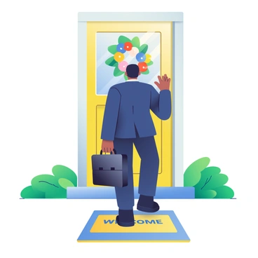A salesperson with medium skin tone and short black hair is standing in front of a colorful residential door. The door is painted in bright shades of blue and yellow, adorned with a decorative wreath made of multicolored flowers. The salesperson is wearing a tailored navy blue suit and holding a black briefcase in their left hand. Their right hand is raised, knocking on the door. Lush green plants are flanking the entrance, and a welcome mat with the word "WELCOME" is placed in front of the door.