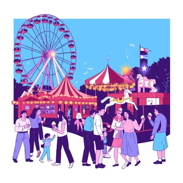 A group of people is gathered under a bright blue sky at a vibrant carnival at night. Colorful lights dazzle from various amusement rides, creating a lively atmosphere. In the foreground, a tall ferris wheel with bright yellow lights towers over the scene, while a spinning carousel with ornate horses glows with orange illumination. Families and friends are seen laughing and enjoying themselves as they line up for rides. Some children hold brightly colored cotton candy while others play games at booths adorned with red and white striped tents. The overall scene is filled with excitement and energy.