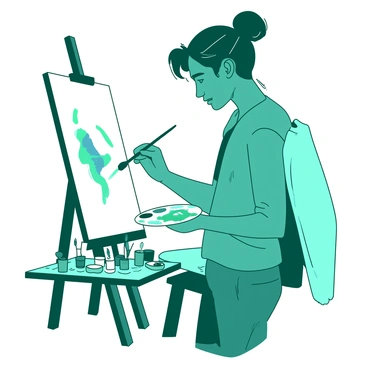A teal artist is standing in profile, deeply focused on a blank canvas. The artist is holding a paintbrush in one hand, with a palette filled with various colors clutched in the other hand. The canvas is positioned on an easel, displaying vibrant strokes of color on its surface. The artist's brow is furrowed in concentration, and there are splatters of paint on their clothing. In the background, a collection of paint tubes and brushes is arranged on a small table. Light casts a soft glow around the scene, highlighting the artist's dedicated expression.