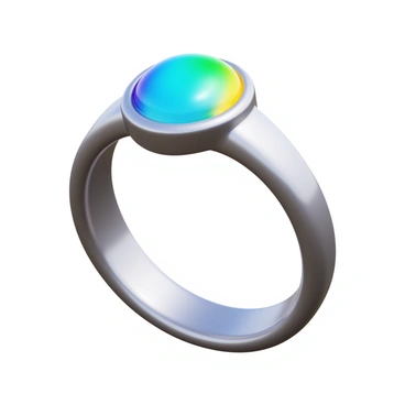 A mood ring that displays multiple colors, including blue, green, yellow, and purple, to represent different emotions. The ring has a smooth, circular band made of polished silver, with a large, oval gemstone that reflects light. The gemstone changes colors based on temperature variations, indicating emotional states. The background is simple to highlight the vibrant colors of the ring.