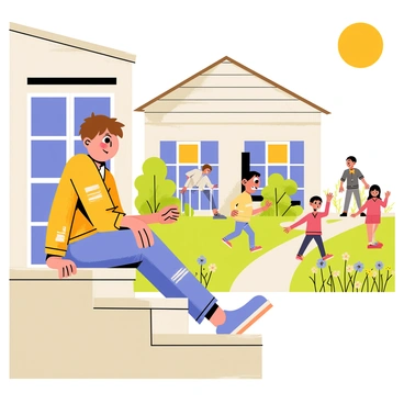 A child sitting on a wooden doorstep of a small house, wearing visibly worn-out clothes that are patched in several places. The child has a wistful expression, gazing longingly at a group of children playing joyfully on the street. The backdrop includes a simple, rustic house with peeling paint and a small garden filled with wildflowers. The sun casts a warm light, highlighting the contrasting emotions of the child and the cheerful scene around.
