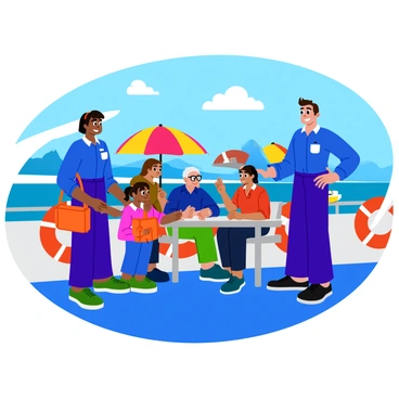 A group of three ferry crew members wearing bright blue uniforms is interacting with a diverse group of passengers on the deck of a ferry. One crew member, a woman with short black hair, is smiling as she hands an orange life jacket to a young girl with pigtails. Another crew member, a tall man with a trimmed beard, is pointing out landmarks in the distance to a family gathered around him. The third crew member, a middle-aged woman with glasses, is chatting with an elderly couple seated at a table. The deck is bustling with activity and features colorful life buoys and cheerful umbrellas providing shade. The water glistens in the sunlight, creating a lively atmosphere.