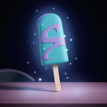 A popsicle, standing upright on a wooden table, has a vibrant base color of deep blue. It features swirling patterns of purple and green that intertwine across its surface. The popsicle emits a soft glow in the dark, illuminating the surroundings with an enchanting light. The stick is made of light-colored wood, contrasting with the bright colors of the popsicle. Tiny sparkles can be seen floating around, enhancing the magical feel of the scene.