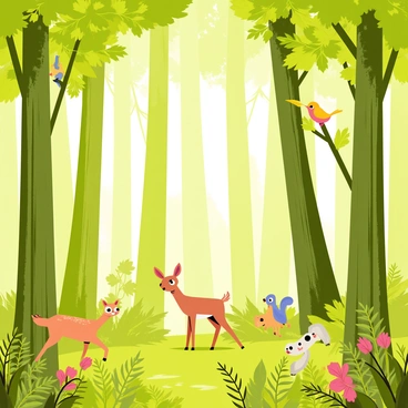 A lush forest scene filled with tall green trees reaching towards the sky. The trees have thick trunks and a variety of green leaves, creating a dense canopy. Sunlight filters through the leaves, casting dappled light on the forest floor. Small animals such as a curious deer and a playful squirrel are visible among the trees. Colorful birds can be seen perched on branches or flitting through the foliage, adding vibrancy to the scene. Ferns and wildflowers grow in patches along the ground, enhancing the rich biodiversity of this forest.