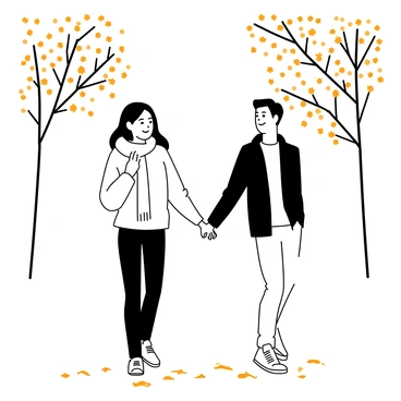 A couple is walking hand in hand through a park in the evening. The woman has long hair and is wearing a light sweater and a scarf, while the man is dressed in a jacket and jeans. They are surrounded by trees with falling leaves, and the ground is covered with a blanket of orange and brown foliage. The couple is smiling, and the atmosphere conveys a sense of warmth and connection as they enjoy the moment together.