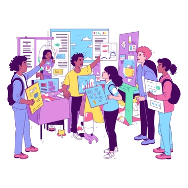 A group of enthusiastic students stands together at a school science fair, each holding a colorful project display board. The display boards are adorned with bright visuals, charts, and diagrams that showcase their scientific discoveries. Some students are pointing at their projects while others are engaged in conversation with visitors, explaining their findings with excitement. The setting is filled with various other project displays in the background, creating a lively atmosphere of learning and creativity. The students are dressed in casual clothing, reflecting their personal styles.