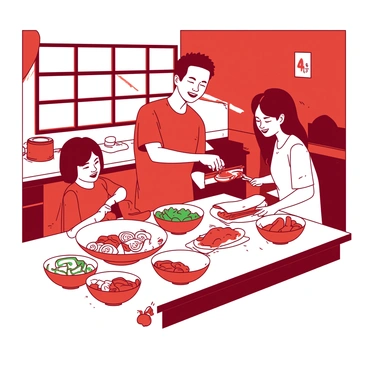 A red kitchen features two parents and two children gathered around a white countertop, joyfully assembling "banh mi" sandwiches. The parents are actively spreading sauce on "crispy baguettes" while the children are adding "fresh vegetables" such as lettuce, cucumber, and carrots. Various ingredients are neatly arranged in bowls on the countertop, showcasing "slices of meats" and "herbs." Sunlight streams in through a window, illuminating the scene and creating a warm, inviting atmosphere. The family members are smiling and engaged, sharing a delightful cooking experience.