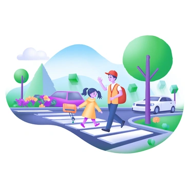 A modern pastel illustration depicting a scene of children crossing the street. The children include a girl with pigtails wearing a yellow raincoat and a boy with a red cap holding a backpack. They are walking on a crosswalk marked with bright white stripes. A friendly crossing guard, wearing a bright orange vest and a cap, is standing nearby, waving with a smile. Surrounding them are trees with green leaves and a blue sky above. A few cars are parked along the side of the street, and colorful flowers line the sidewalk, adding vibrancy to the scene.