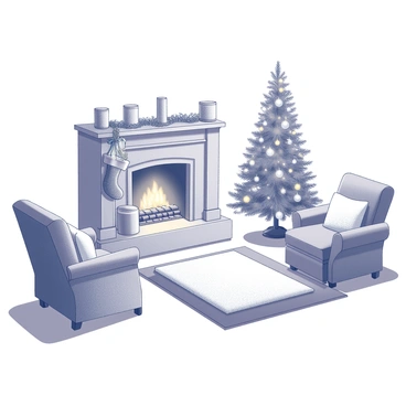 A living room with a traditional fireplace. The fireplace has a mantelpiece adorned with festive decorations such as garlands and stockings. Next to the fireplace stands a "brightly decorated Christmas tree," featuring various ornaments and twinkling lights. A plush rug is positioned in front of the fireplace, and comfortable seating is arranged around the room. Soft pillows are scattered on the furniture, and a warm glow emanates from the fireplace, creating an inviting atmosphere.
