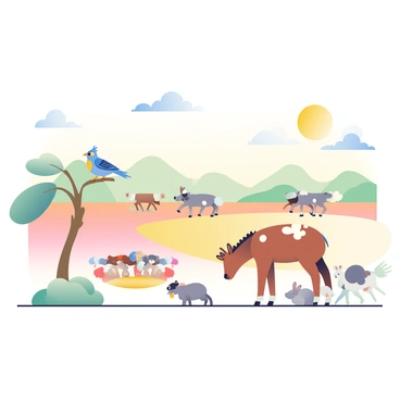 A vast landscape features a variety of animals gathered around an area rich in magnetic minerals in the ground. In the foreground, a group of deer with brown and white patches is curiously approaching the mineral site. Nearby, a family of rabbits with soft gray fur and white tails is hopping around, drawn to the area. To the left, a vibrant blue jay is perched on a low branch of a tree, observing the scene below. In the distance, a small herd of wild horses with flowing manes is trotting towards the magnetic site. The sky above is clear with a few fluffy clouds, and the sun casts a warm glow over the entire scene.