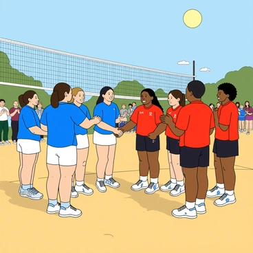 Two volleyball teams standing on a sandy court, each consisting of six players in vibrant colored uniforms. One team wears bright blue jerseys with white shorts, while the other team dons bold red jerseys with black shorts. They are gathered together in the center of the court, smiling and shaking hands with each other. The players' expressions convey mutual respect and sportsmanship following a challenging match. The sun is shining brightly in the sky, casting playful shadows on the ground, and a volleyball net stands tall behind them. Spectators in the background cheer and clap, adding to the lively atmosphere of the scene.